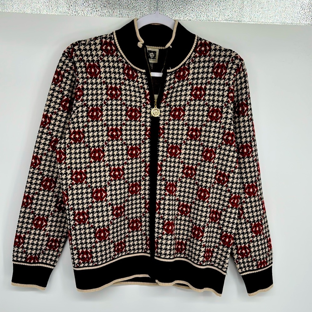 Anne Klein Red and Black Houndstooth Cardigan